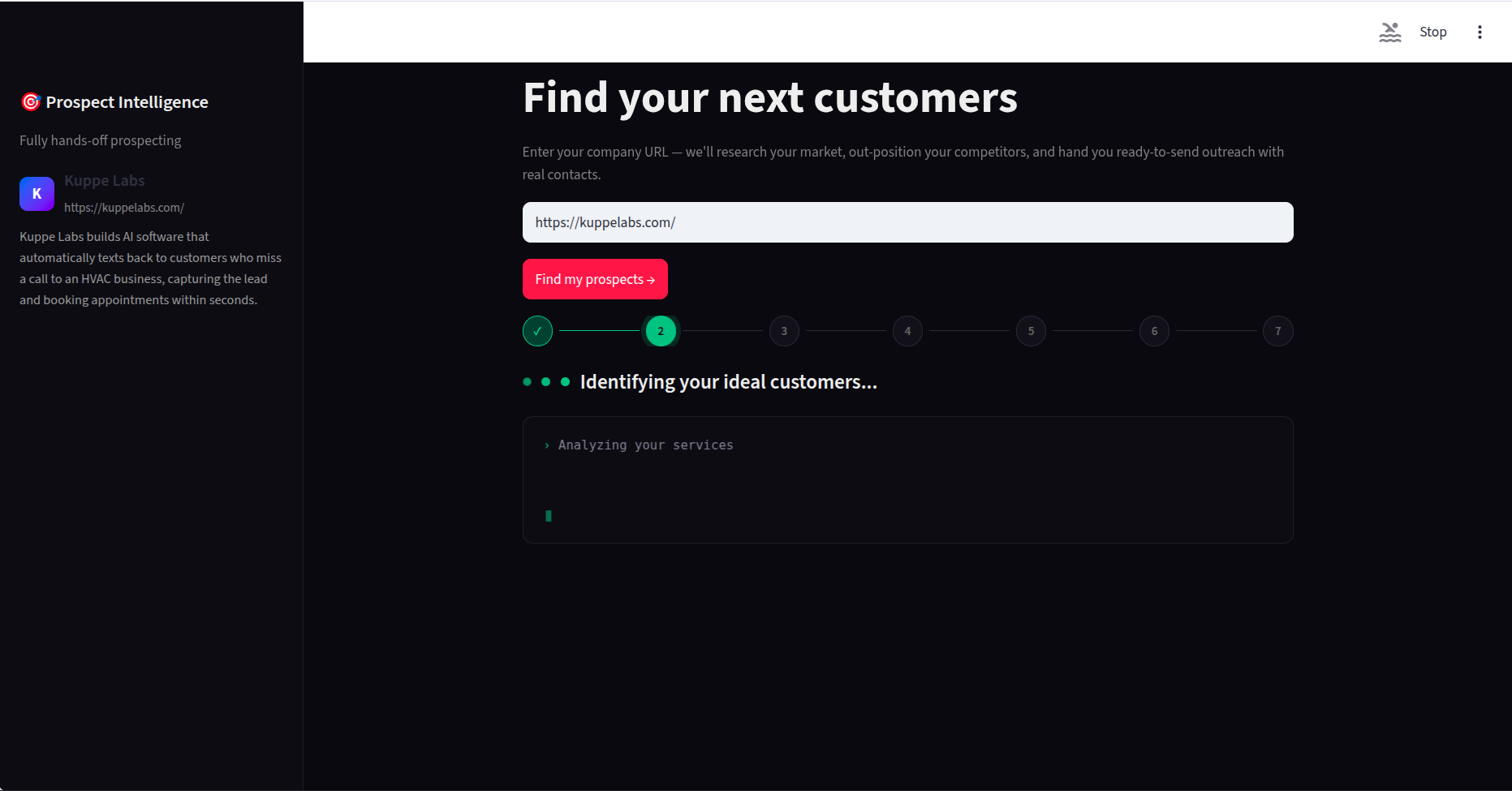 Prospect Intelligence Agent interface with a company URL entered and the prospecting pipeline running